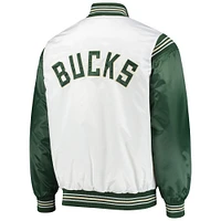 Veste à boutons-pression en satin pour homme Starter White/Hunter Green Milwaukee Bucks Renegade Varsity