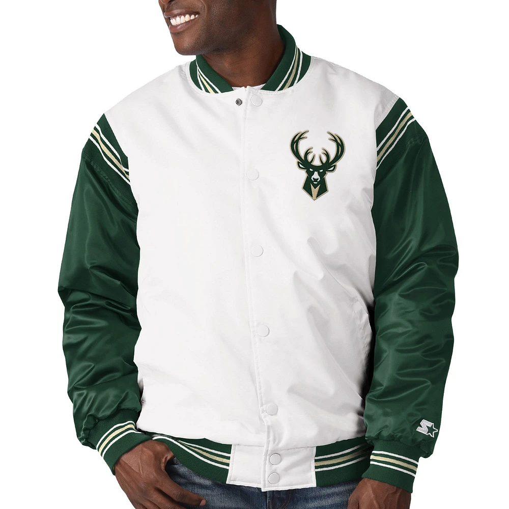 Veste à boutons-pression en satin pour homme Starter White/Hunter Green Milwaukee Bucks Renegade Varsity