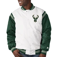 Veste à boutons-pression en satin pour homme Starter White/Hunter Green Milwaukee Bucks Renegade Varsity