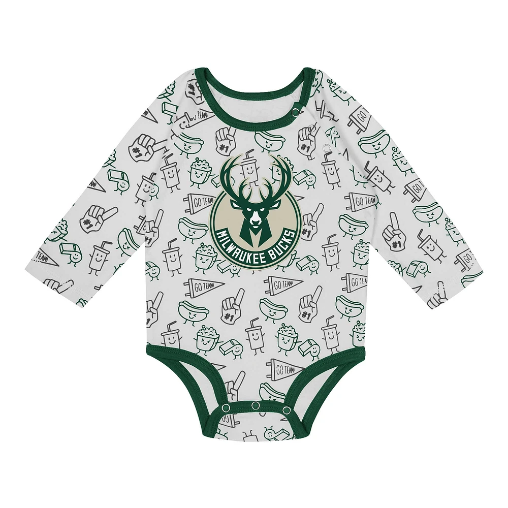 Ensemble 3 pièces pour nouveau-né et nourrisson Milwaukee Bucks Little Champ, body à manches longues, pantalon bonnet revers