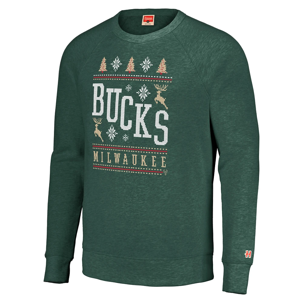 Unisex Homage Hunter Green Milwaukee Bucks Holiday Raglan Pullover Sweatshirt