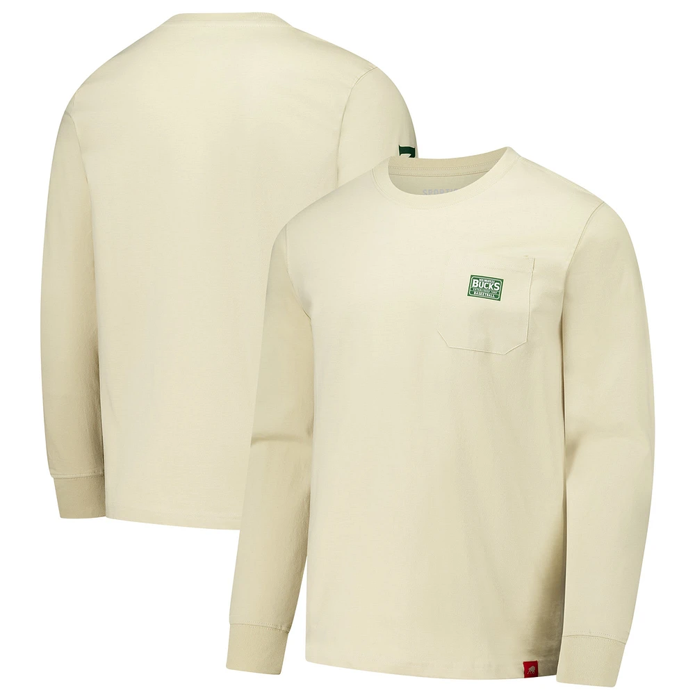 T-shirt à manches longues et poche épais unisexe Sportiqe Cream Milwaukee Bucks Wales