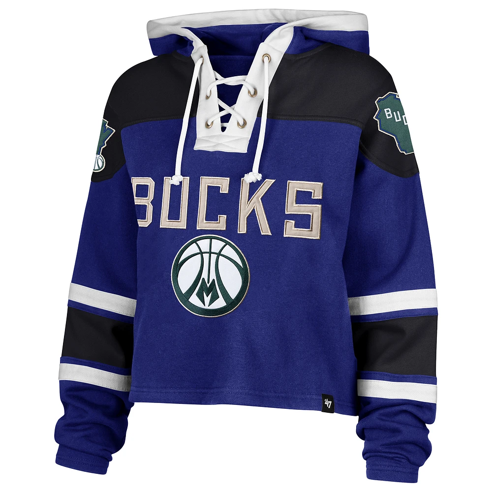Women's '47 Royal Milwaukee Bucks 2024/25 City Edition Superior Cropped Lace-Up Pullover Hoodie
