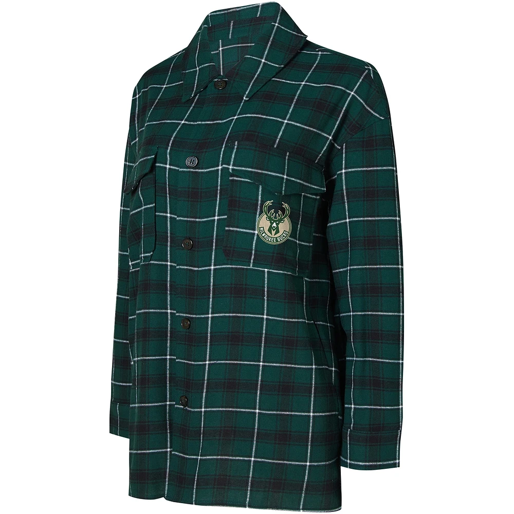 Women's College Concepts Hunter Green/Black Milwaukee Bucks Boyfriend Button-Up Nightshirt