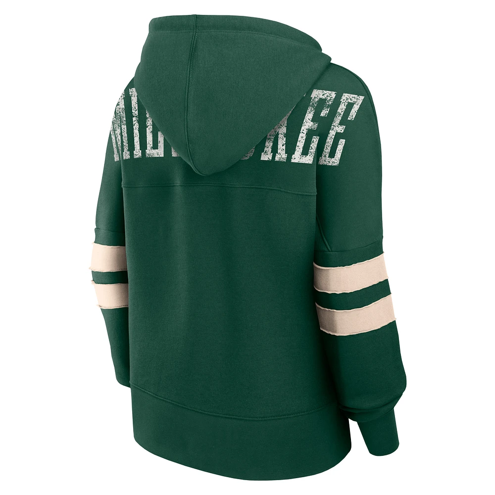 Women's Fanatics Hunter Green Milwaukee Bucks Bold Move Dolman V-Neck High Hip Hoodie