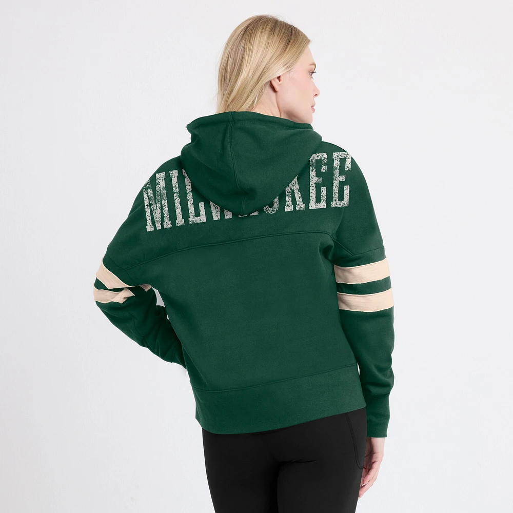 Women's Fanatics Hunter Green Milwaukee Bucks Bold Move Dolman V-Neck High Hip Hoodie
