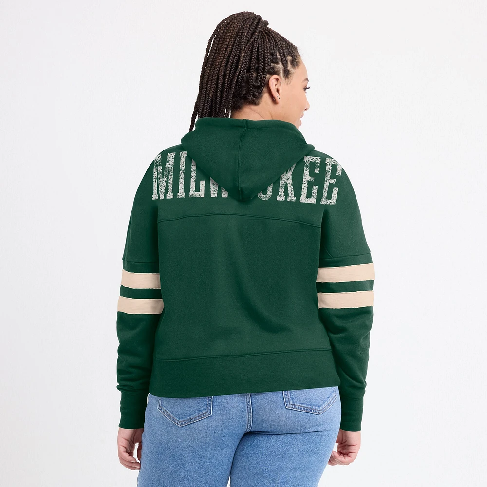 Women's Fanatics Hunter Green Milwaukee Bucks Bold Move Dolman V-Neck High Hip Hoodie