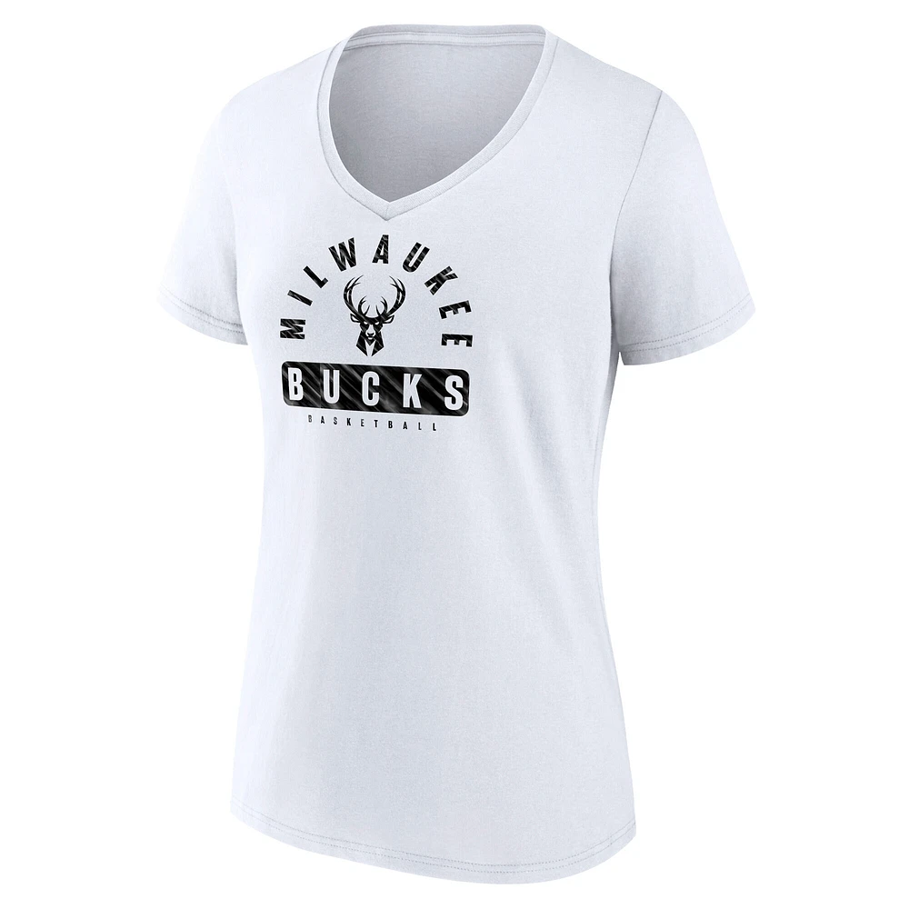 Women's Fanatics White Milwaukee Bucks Bench Warmer V-Neck T-Shirt