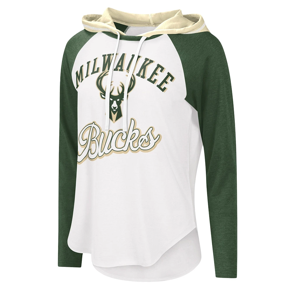 Women's G-III 4Her by Carl Banks White Milwaukee Bucks MVP Raglan Hoodie Long Sleeve T-Shirt