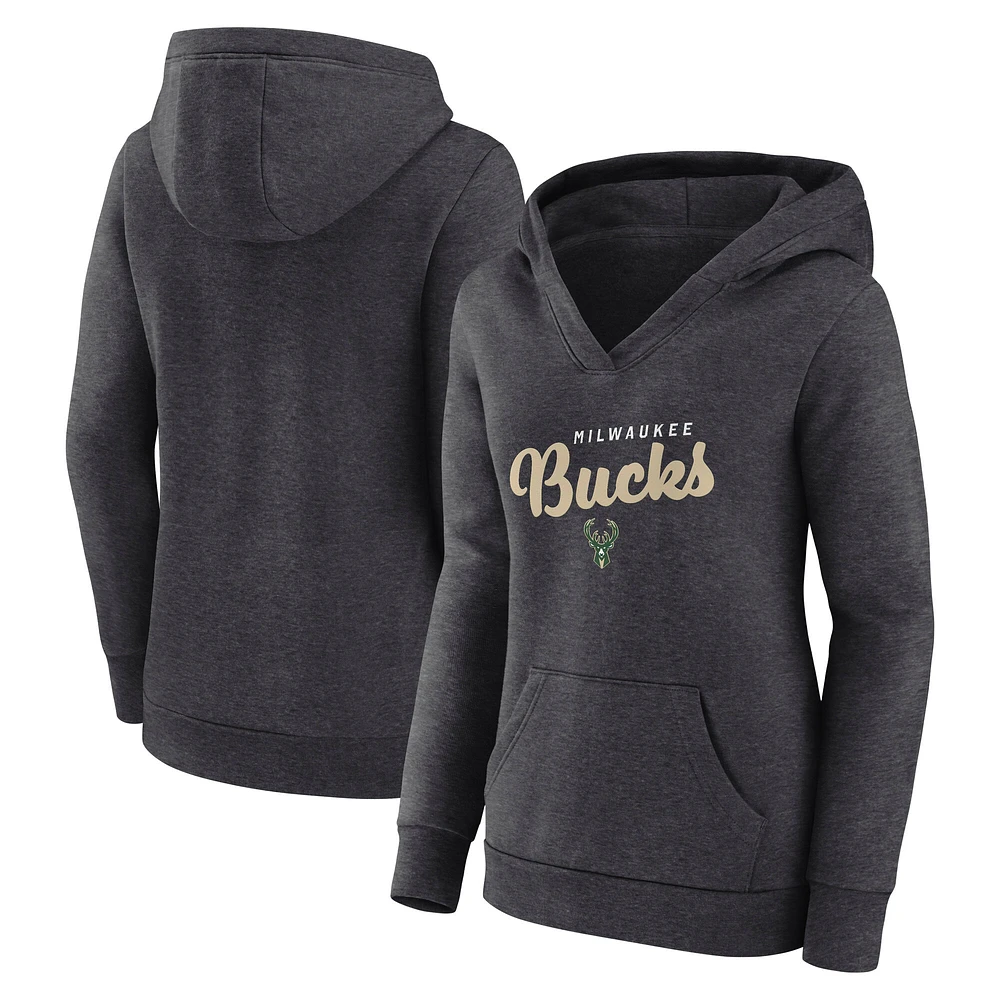 Women's  Heather Charcoal Milwaukee Bucks Triumphant V-Neck Pullover Hoodie
