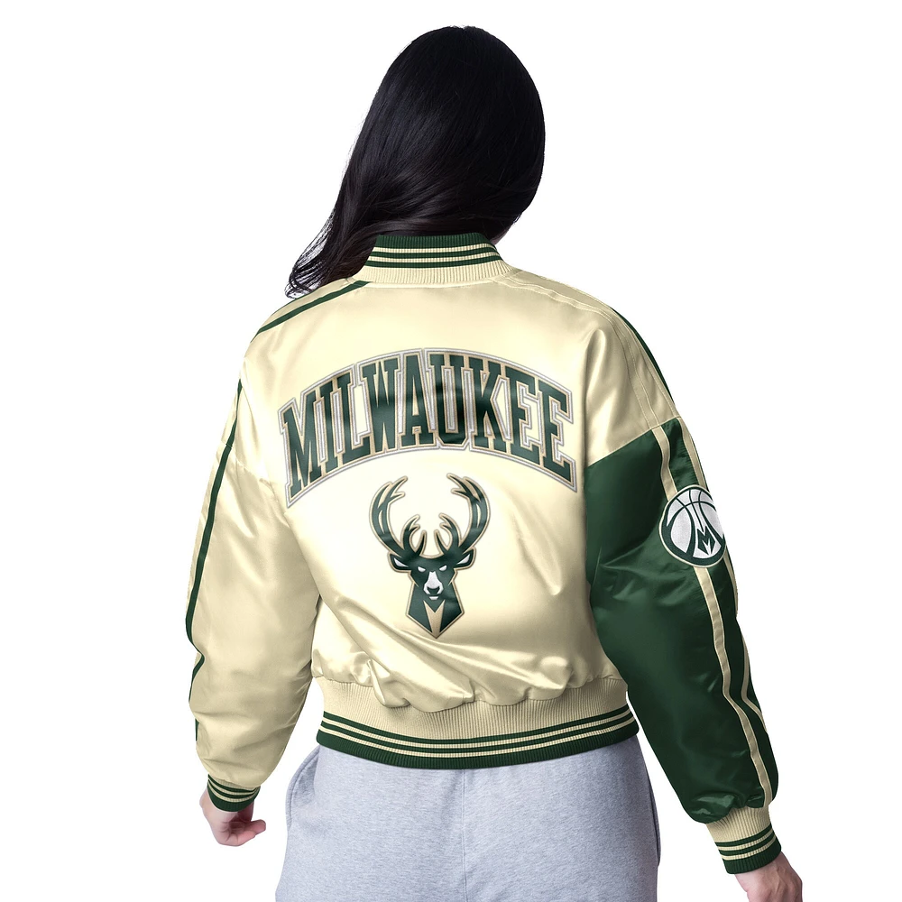 Women's Starter  Cream/Hunter Green Milwaukee Bucks Zone Blitz Cropped Full-Snap Satin Jacket