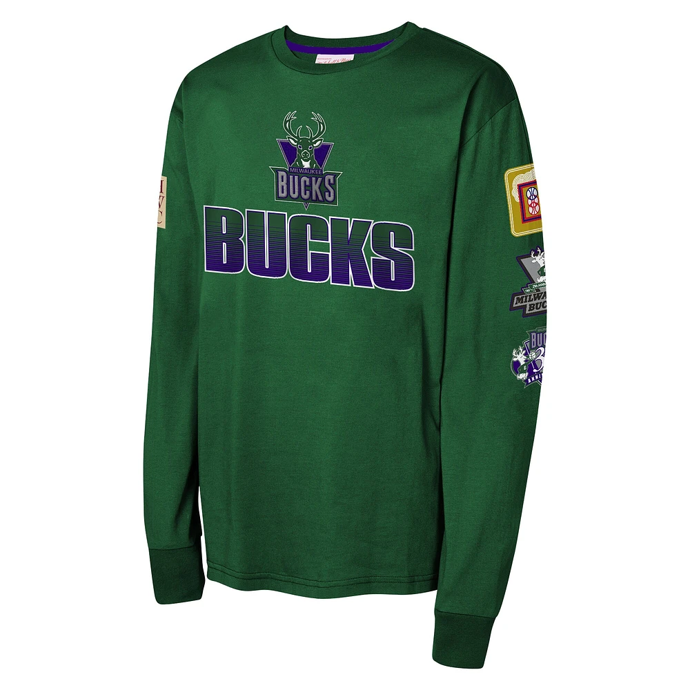 Youth Mitchell & Ness Hunter Green Milwaukee Bucks  Hardwood Classics All Over Long Sleeve T-Shirt