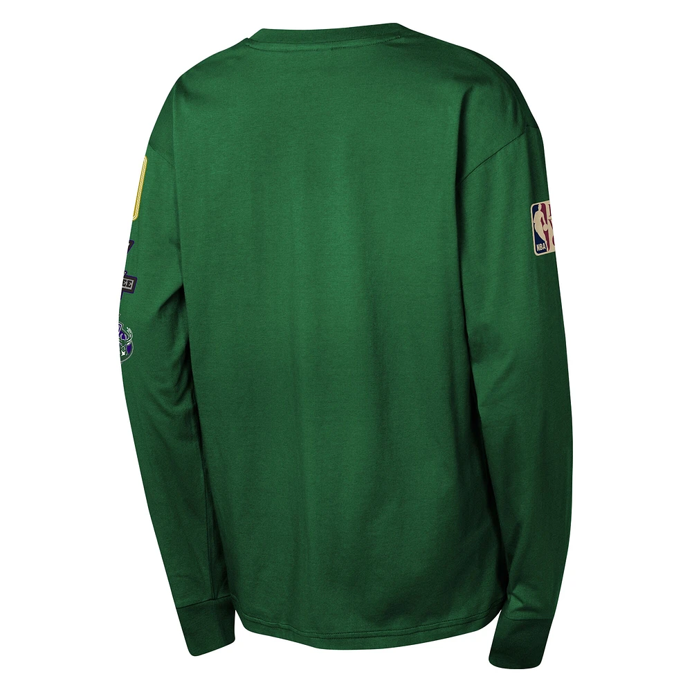 Youth Mitchell & Ness Hunter Green Milwaukee Bucks  Hardwood Classics All Over Long Sleeve T-Shirt