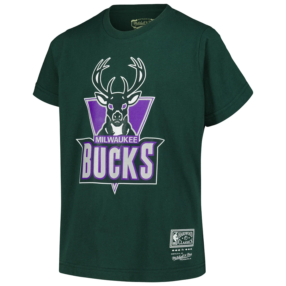 Youth Mitchell & Ness Hunter Green Milwaukee Bucks Hardwood Classics Retro Logo T-Shirt