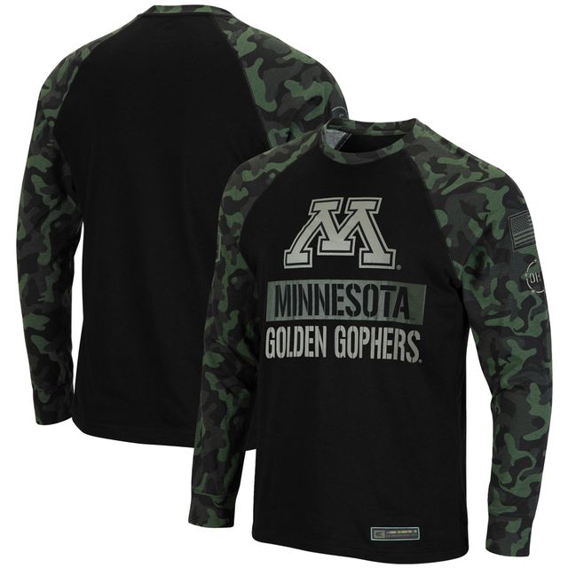 T-shirt à manches longues pour hommes Colosseum Black/Camo Minnesota Golden Gophers OHT Military Appreciation Raglan