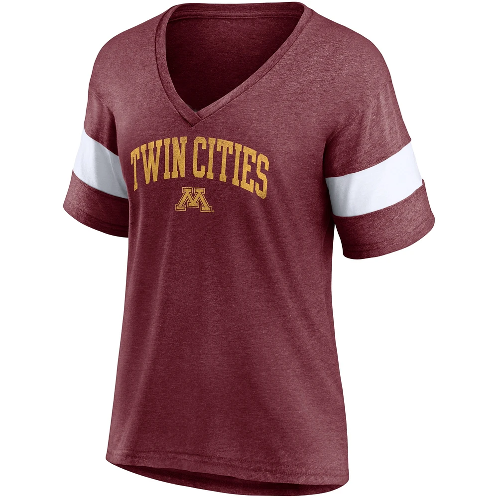 Women's Fanatics Heathered Maroon Minnesota Golden Gophers Arched City Sleeve-Striped Tri-Blend V-Neck T-Shirt