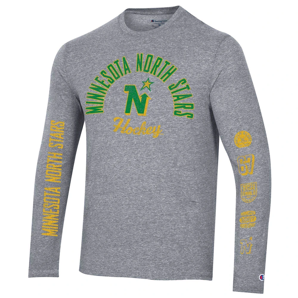 Men's Champion Heather Gray Minnesota North Stars Multi-Logo Tri-Blend Long Sleeve T-Shirt