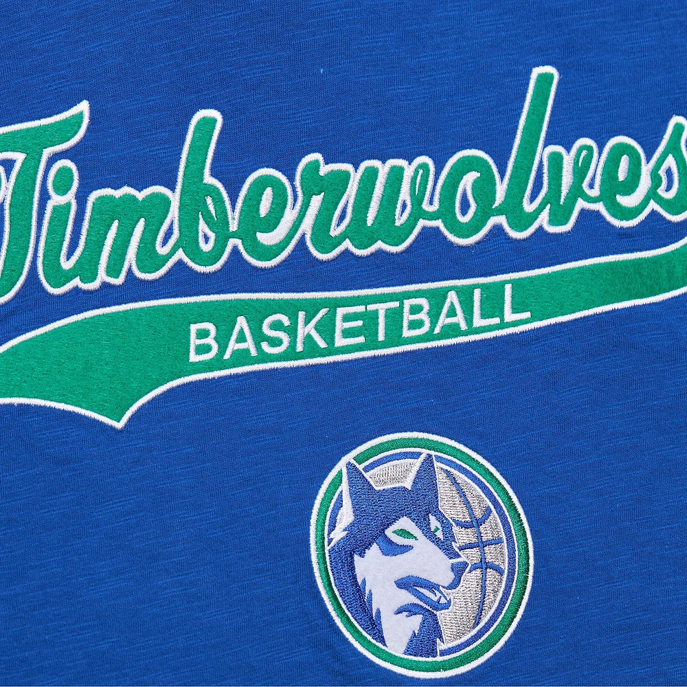 T-shirt bleu pour homme Mitchell & Ness Minnesota Timberwolves Hardwood Classics en feutre avec applique flammée