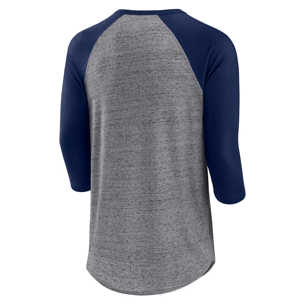 Men's Fanatics Heathered Gray/Navy Minnesota Twins Iconic Above Heat Speckled Raglan Henley 3/4 Sleeve T-Shirt