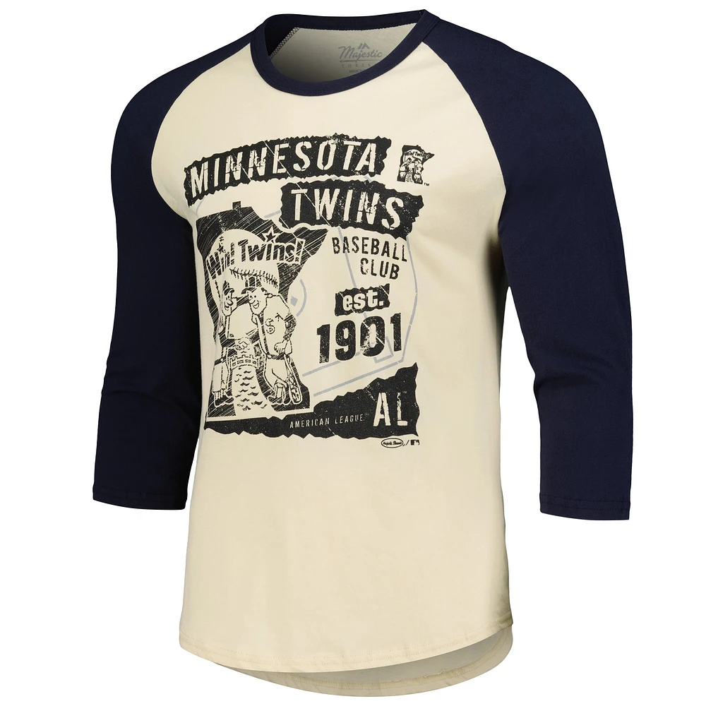 Men's Majestic Threads Cream/Navy Minnesota Twins Raglan 3/4-Sleeve T-Shirt