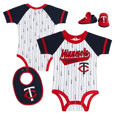 Ensemble body, bavoir et chaussons blancs pour nouveau-nés nourrissons des Minnesota Twins Base Hitter