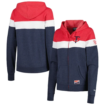 Veste à capuche et fermeture éclair pleine longueur Minnesota Twins colorblock New Era pour femme, bleu marine chiné