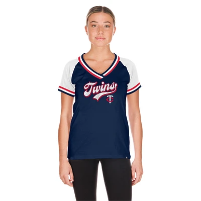 T-shirt à col en V raglan Gameday bleu marine des Twins du Minnesota New Era pour femme