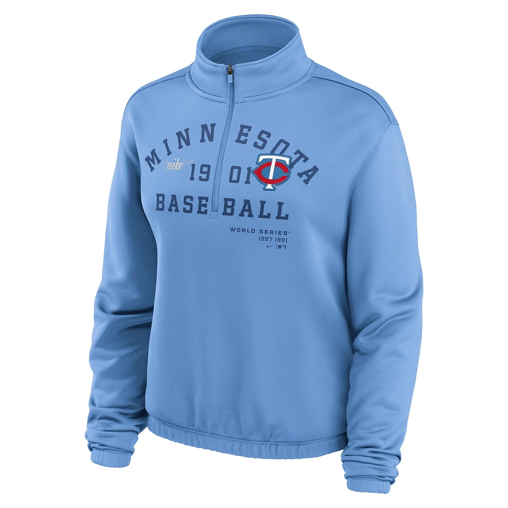 Sweat-shirt semi-court à demi-zip et ourlet bulle Nike bleu clair Minnesota Twins Rewind Splice pour femme
