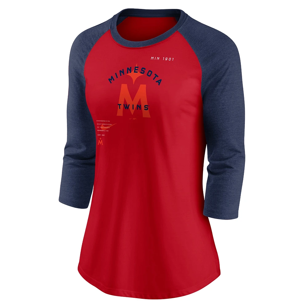 T-shirt à manches raglan 3/4 Nike Minnesota Twins Next Up pour femme, rouge/bleu marine