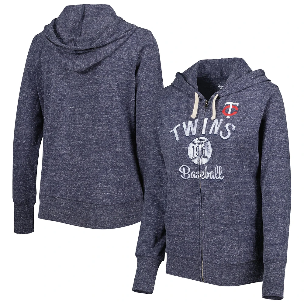 Women's Touch Navy Minnesota Twins Training Camp Tri-Blend Lightweight Full-Zip Hoodie