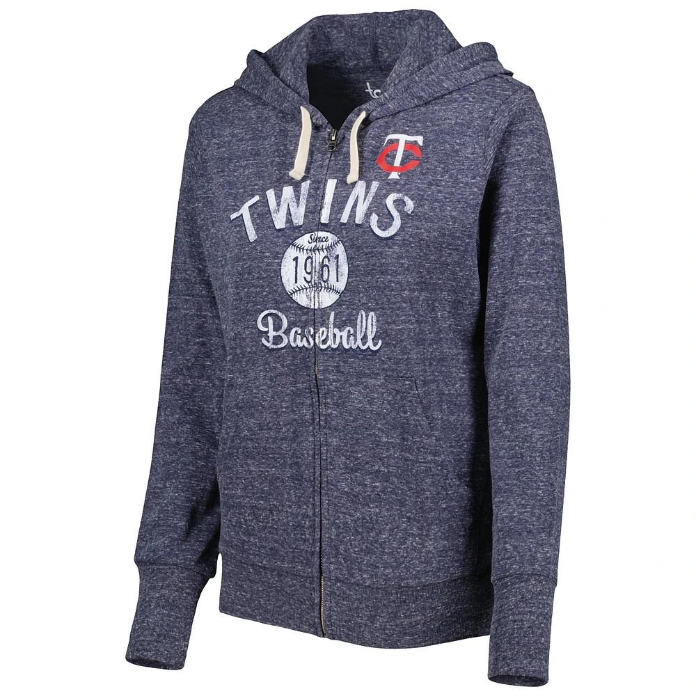 Women's Touch Navy Minnesota Twins Training Camp Tri-Blend Lightweight Full-Zip Hoodie