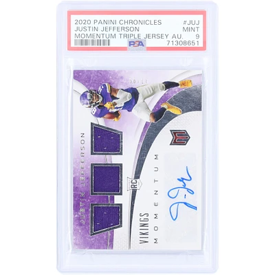 Carte recrue authentifiée 2020 Panini Chronicles Triple Relic #MJA-JUJ #37/99 PSA autographiée par Justin Jefferson des Minnesota Vikings