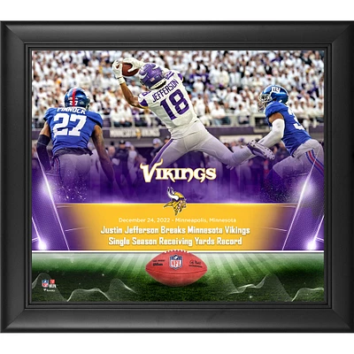 Collage encadré de 15" x 17" de Justin Jefferson, record de verges de réception en une seule saison des Vikings du Minnesota