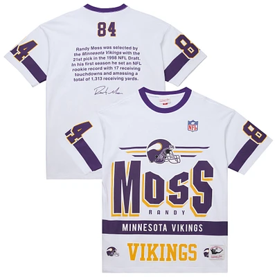 Men's Mitchell & Ness Randy Moss White Minnesota Vikings Name Number Team Origins Vintage Logo T-Shirt