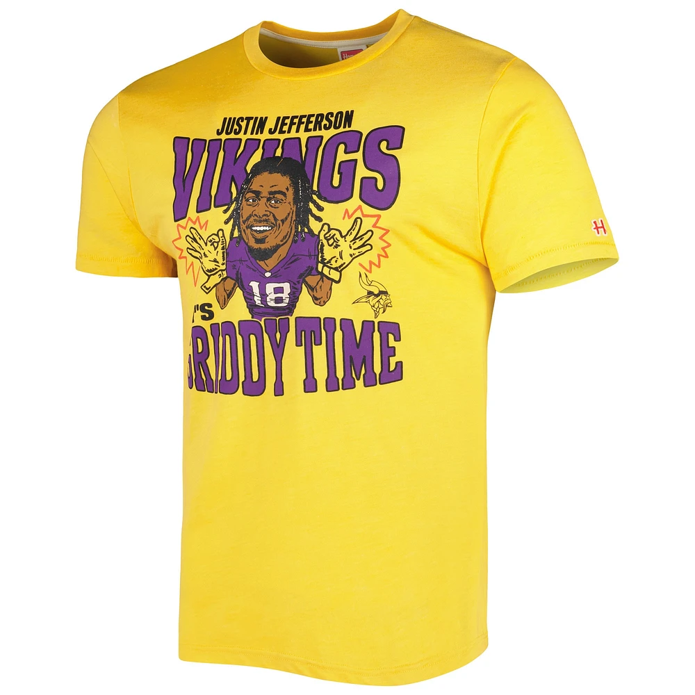 Men's Homage Justin Jefferson Heathered Gold Minnesota Vikings Caricature Player Tri-Blend T-Shirt