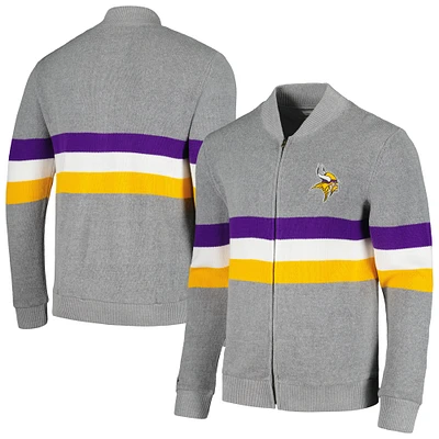 Chandail cardigan rayé entièrement zippé gris Mitchell & Ness pour hommes des Vikings du Minnesota