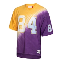 Men's Mitchell & Ness Randy Moss Purple/Gold Minnesota Vikings Retired Player Name Number Diagonal Tie-Dye - V-Neck T-Shirt