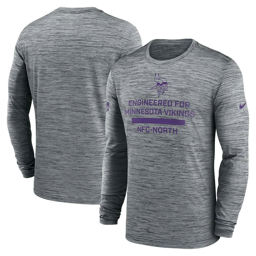 T-shirt Nike gris à manches longues pour homme, coupe Sideline Velocity Performance, Minnesota Vikings