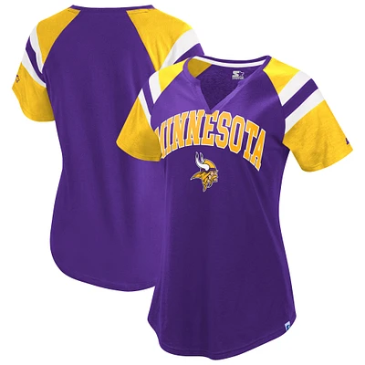 T-shirt raglan violet pour femme avec col en V et inscription « Game On Notch » des Vikings du Minnesota