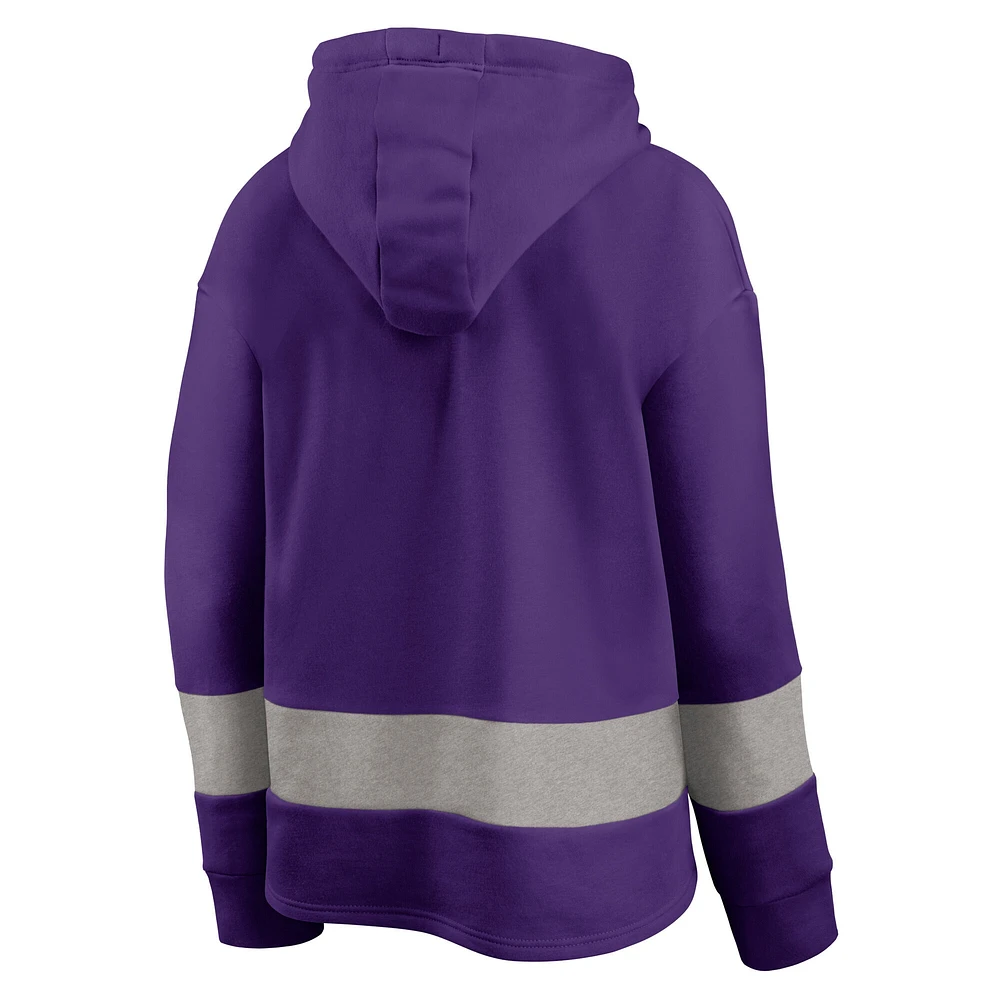 Women's Fanatics Purple/Gray Minnesota Vikings Huddle Up Fundamental Fleece Color Block Pullover Hoodie