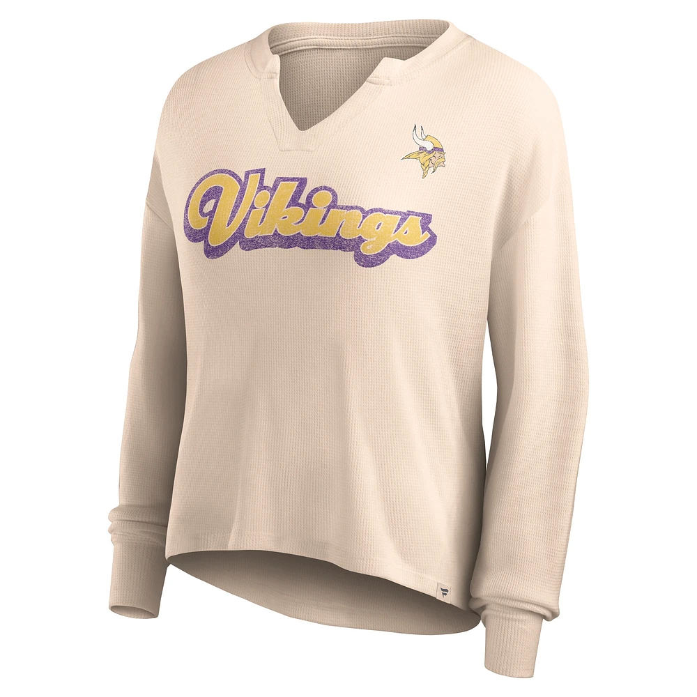 Women's Fanatics Tan Minnesota Vikings Go For It Notch Neck Waffle Knit Lightweight Long Sleeve T-Shirt