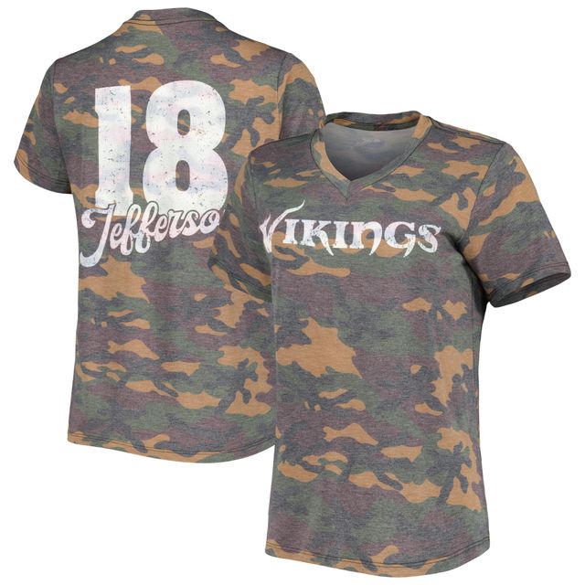 T-shirt à encolure en V triple mélange pour femme avec nom et numéro Justin Jefferson Camo Minnesota Vikings