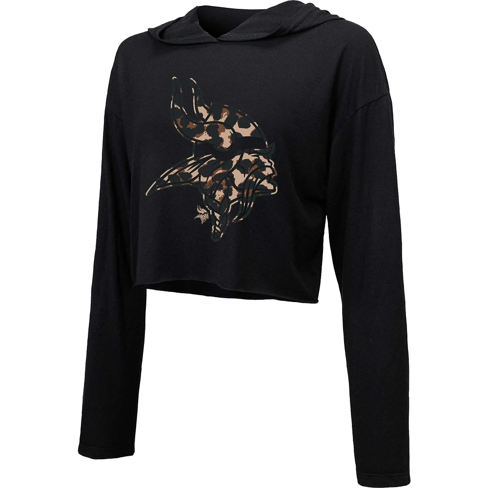 Women's Majestic Threads Black Minnesota Vikings Leopard Cropped Pullover Hoodie