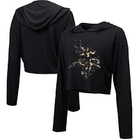 Women's Majestic Threads Black Minnesota Vikings Leopard Cropped Pullover Hoodie