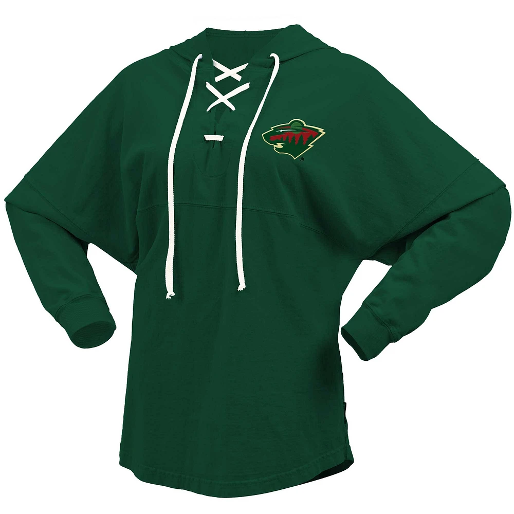 Women's Fanatics Green Minnesota Wild Jersey Lace-Up V-Neck Long Sleeve Hoodie T-Shirt