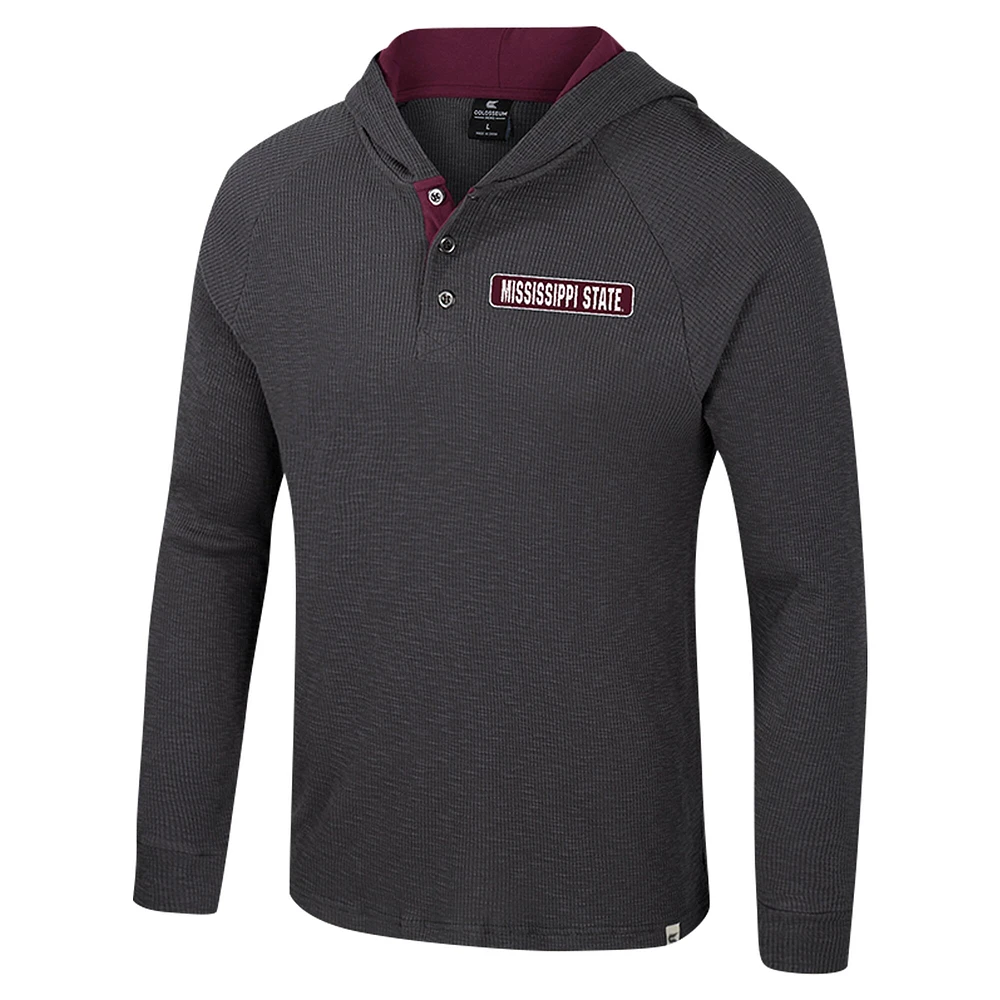Men's Colosseum  Charcoal Mississippi State Bulldogs Dujour Ralgan Long Sleeve Henley Hoodie T-Shirt