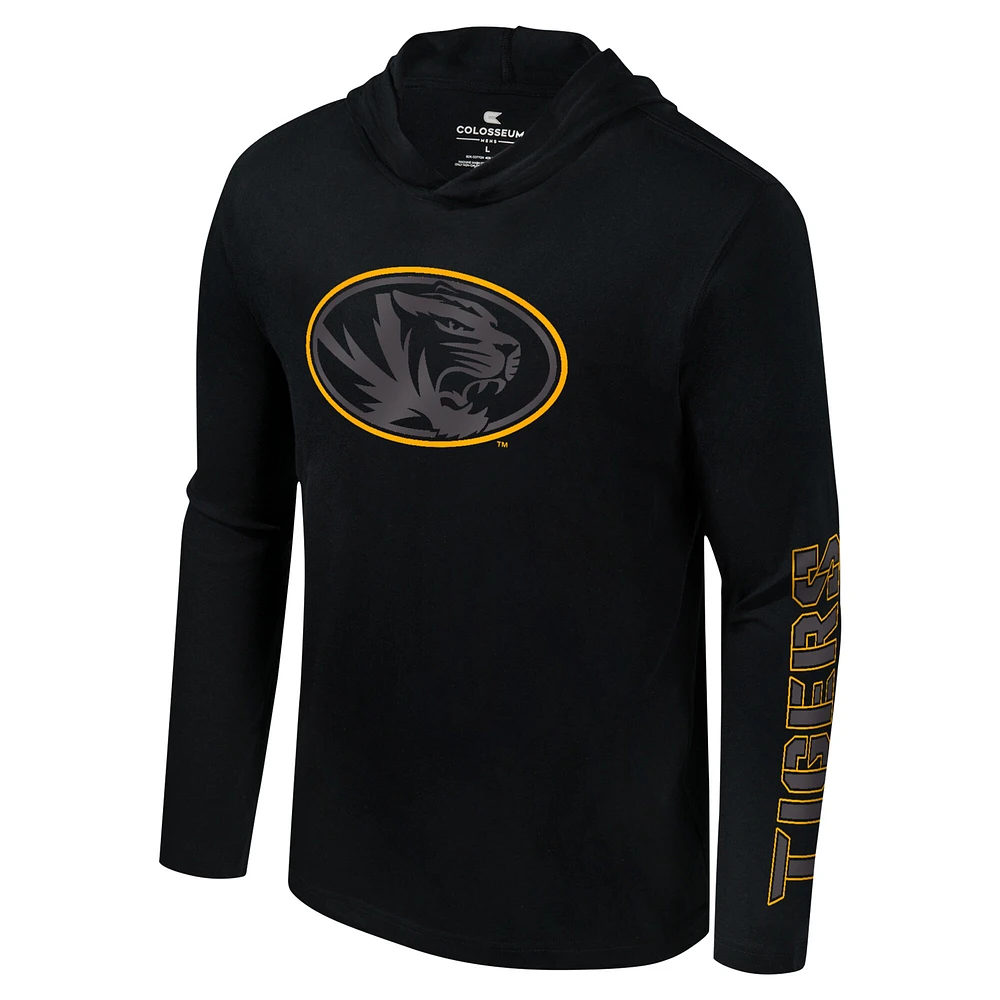 Men's Colosseum Black Missouri Tigers Color Pop Active Blend 2-Hit Long Sleeve Hooded T-Shirt
