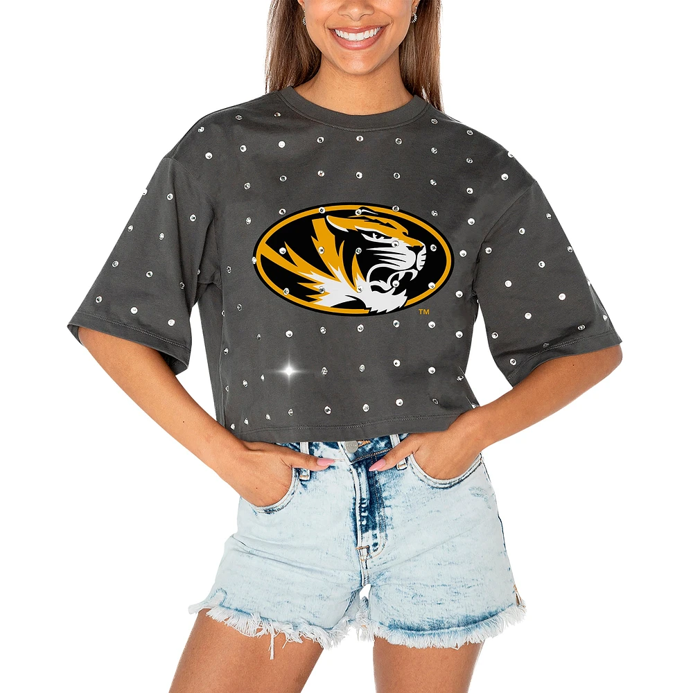 T-shirt court à strass pour femme Gameday Couture gris Missouri Tigers Go Time