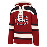 Men's '47 Cole Caufield Red Montreal Canadiens Lacer Player Name & Number - Lace-Up Pullover Hoodie