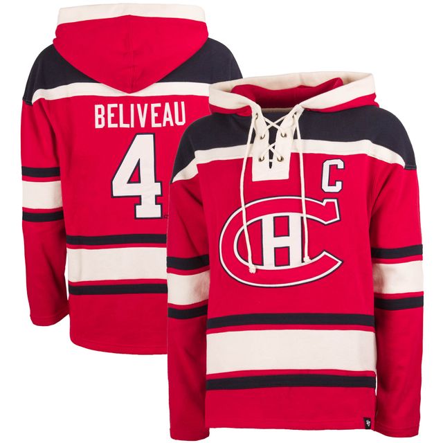 Chandail à capuchon '47 Jean Béliveau pour hommes Canadiens de Montréal Lacer Player Name & Number rouge